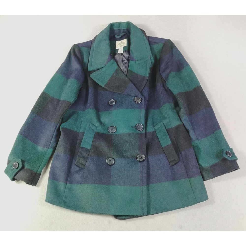 St Johns Bay Coat Womens Large Petite Green Navy Plaid Wool Blend Button Front